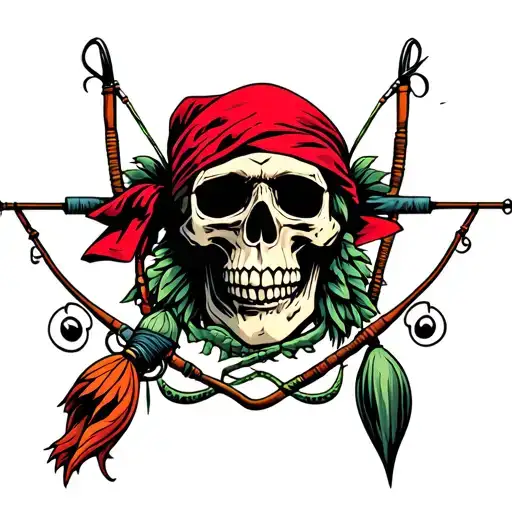 Skull Wearing A Rolled Red Bandana With Fishing Poles Catching A Dream Cacther