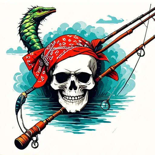 Skull Wearing A Rolled Red Bandana With Fishing Poles Catching A Dream Cacther