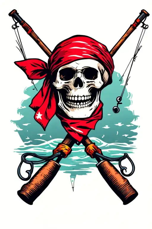 Skull With Red Bandana With Fishing Poles Crossed