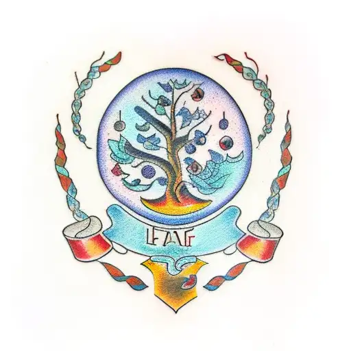 A Traditional Style Tattoo Of A Family Tree With Musical Notes As The Leaves