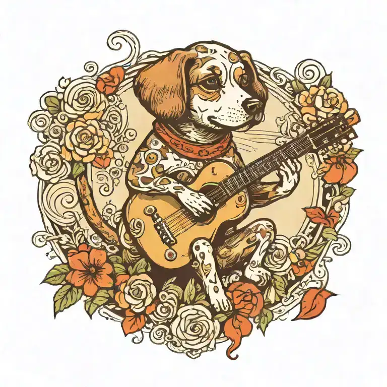 A Whimsical Design Of A Cute Dog Playing A Guitar Surrounded By Musical Notes And Flower And Heart