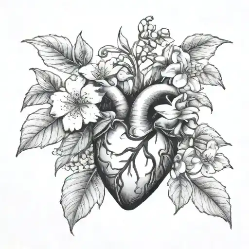 Realistic Heart With Jasmine Flowers Black And White With Sketch Lines