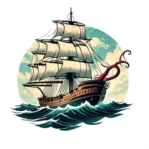 Ship Sailing With Giant Octopus In The Storm