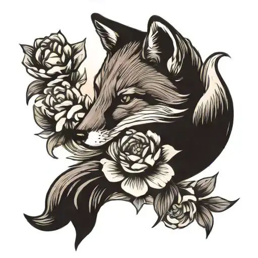 Fox With Peony Flowers