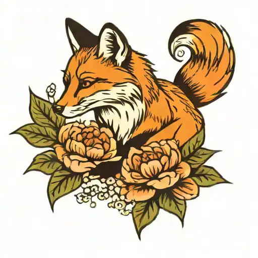 American Traditional Fox With Peony Flowers