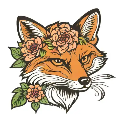 American Traditional Fox With Peony Flowers
