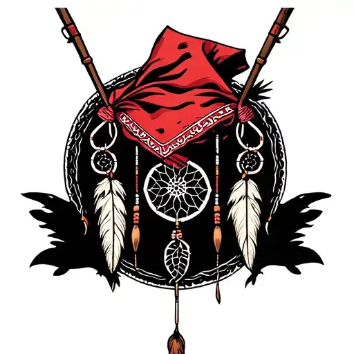 Red Bandana Around A Dream Catcher With Fishing Poles Crossed Behind It