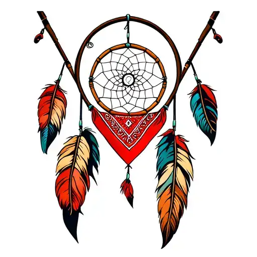 Red Bandana Around A Dream Catcher With Fishing Poles Crossed Behind It
