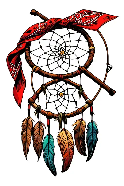 Red Bandana Around A Dream Catcher With Fishing Poles Crossed Behind It