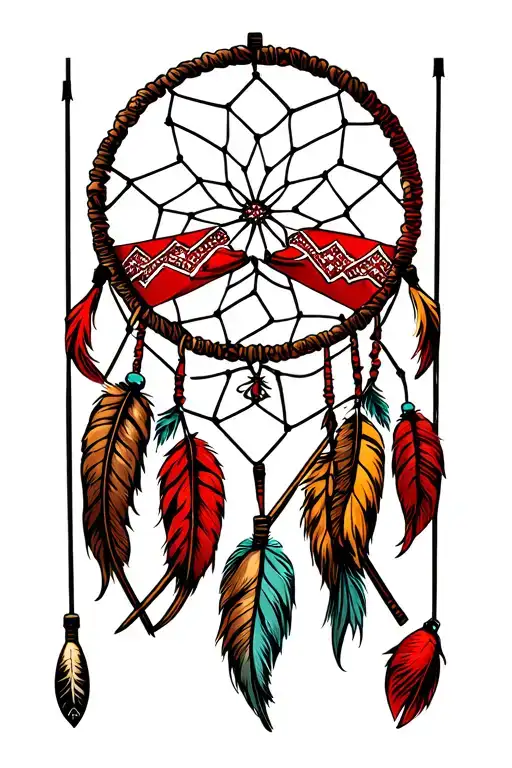 Red Bandana Dream Catcher With Fishing Poles Crossed Behind It