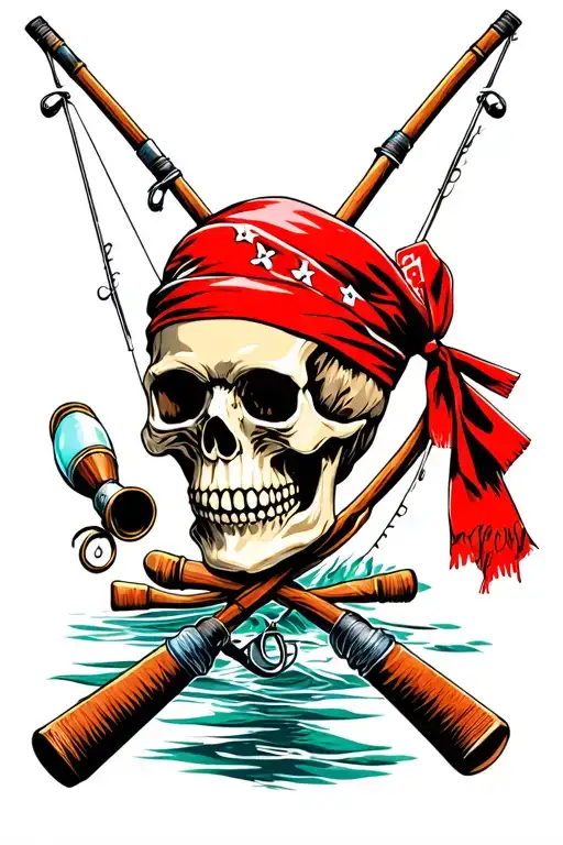 Skull Wiuth Red Bandana With Fishing Poles Crossed