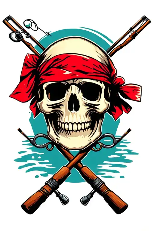 Skull With Red Bandana With Fishing Poles Crossed