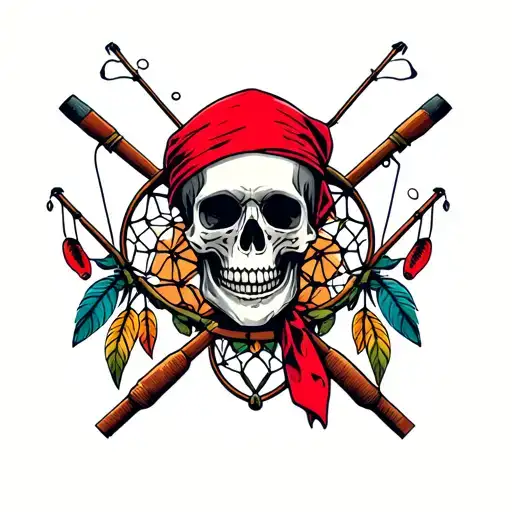 Skull With Red Bandana With Fishing Poles And A Dream Catcher