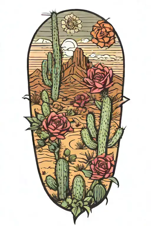 Desert Landscape Surrounded By Cactus Flowers