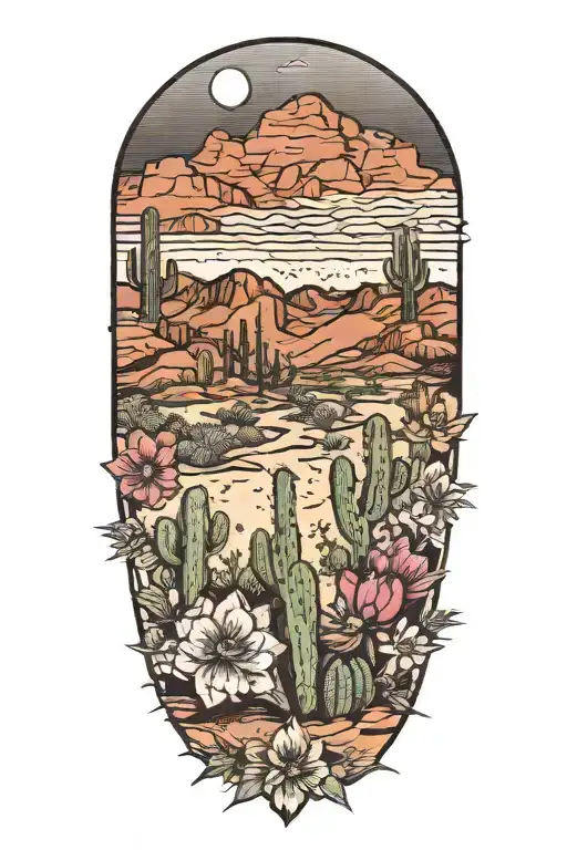 Desert Landscape Surrounded By Cactus Flowers