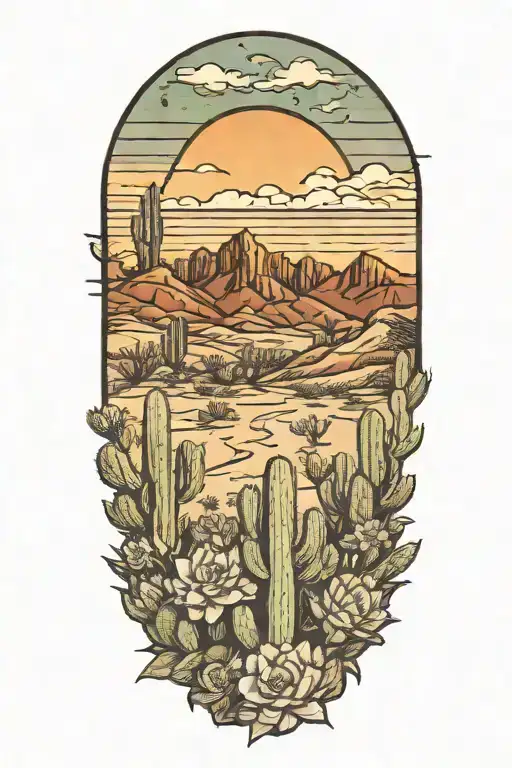 Desert Landscape Surrounded By Cactus Flowers