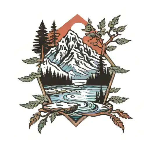 Mountain With River Red Wood Forest Scene