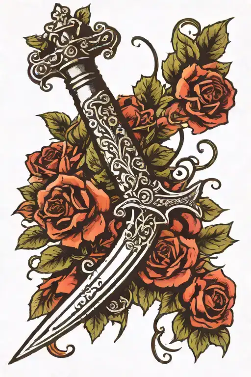 Dagger With Barbed Whire Fading Into Vines And Flowers