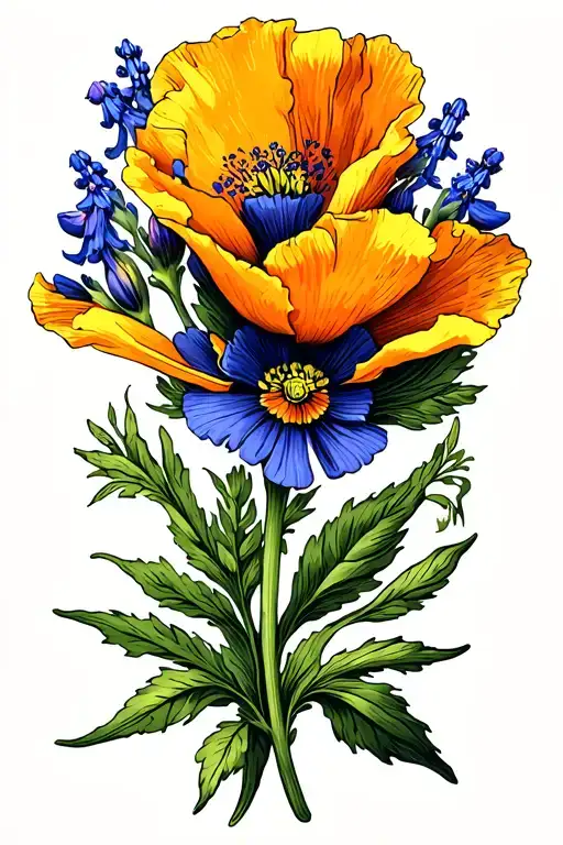 Bluebonnet And A California Poppy Flower