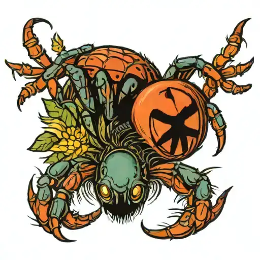 Draw A Traditional Style Tattoo In Color Showing A Spider Eating A Worm