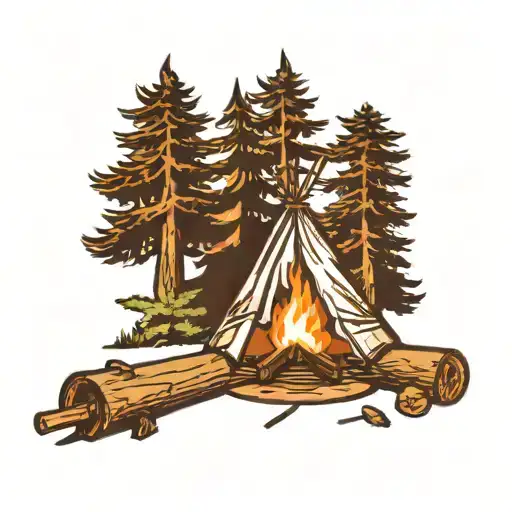 Campfire Surrounded By Trees And Camp Tent In Forest