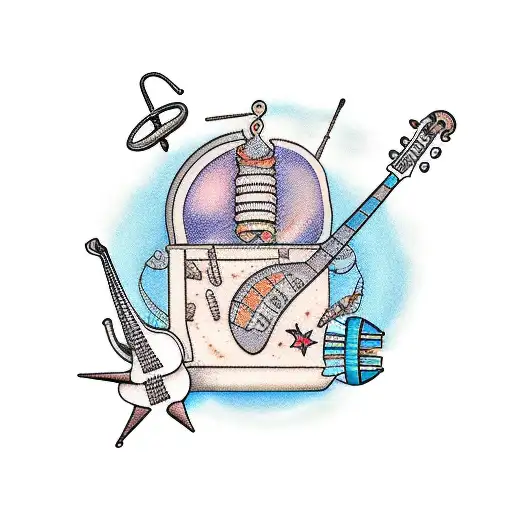 An Artistic Representation Of A Beach Scene With Musical Instruments Scattered Around