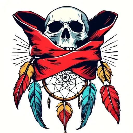Red Bandana Wrapped Around A Skull With A Dream Catcher