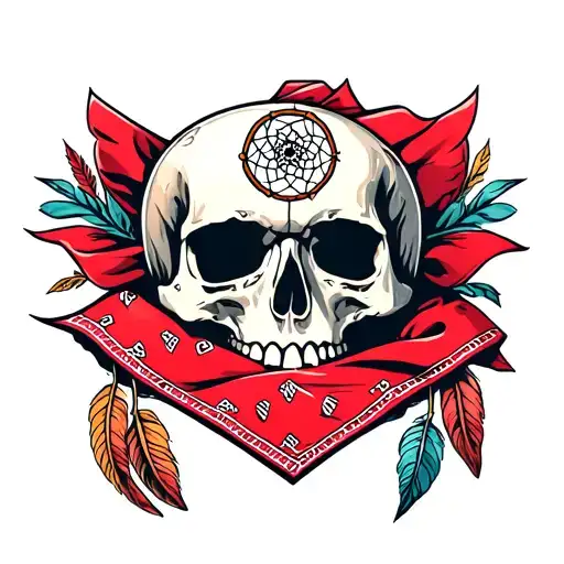 Red Bandana Wrapped Around A Skull With A Dream Catcher