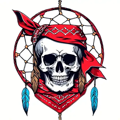 Red Bandana Wrapped Around A Skull With A Dream Catcher