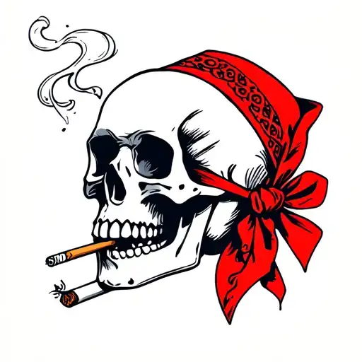 Red Bandana Wrapped Around A Skull Smoking A Cigarette
