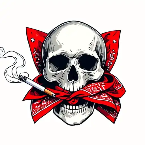 Red Bandana Wrapped Around A Skull Smoking A Cigarette