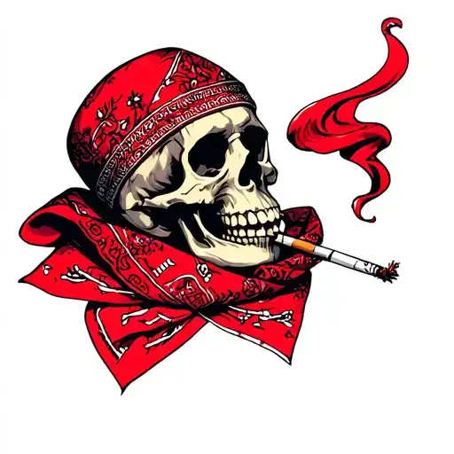 Red Bandana Wrapped Around A Skull Smoking A Cigarette