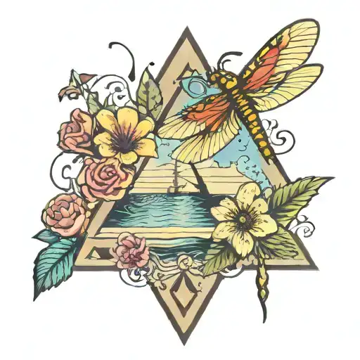 A Triangle With A Dragon Fly And A Beach Scene And Some Flowers