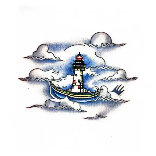 Right Arm Sleeve Nautical Light House Shark Ship Kraken Lightning Clouds Scenic