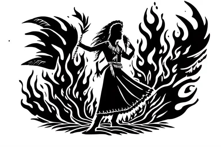 American Indian Woman Dancing Around Fire