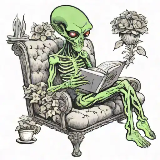 Alien Sitting On The Sofa Surrounded By Flowers Reading A Book