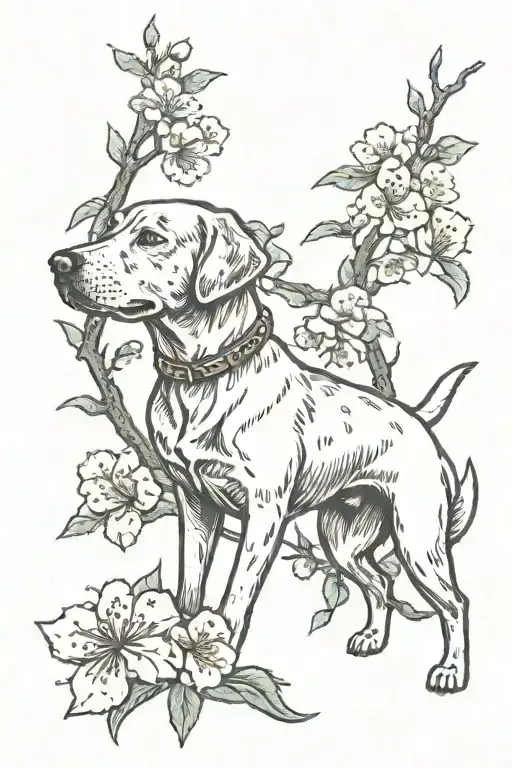 Labrador Retriever And Cherry Blossom Tree