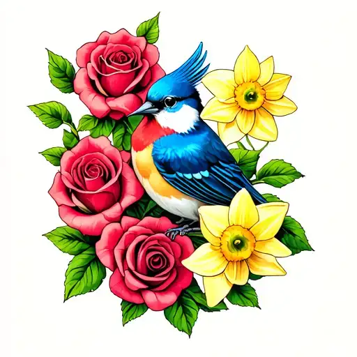 Blue Bird Sitting On Roses And Daffodils