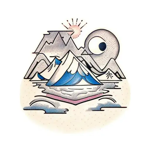 Mountians With A Tent Next To It And A Sun And Tress