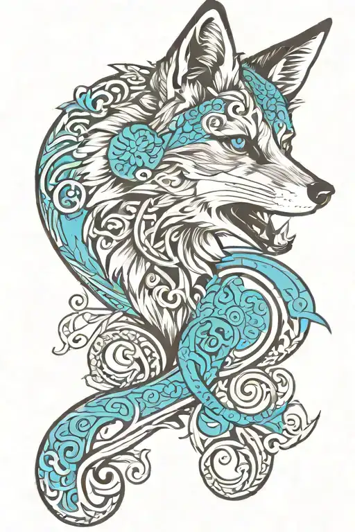 A Smiling Fox With A Cyan Celtic Tattoo Scrolling Along Its Face And Body