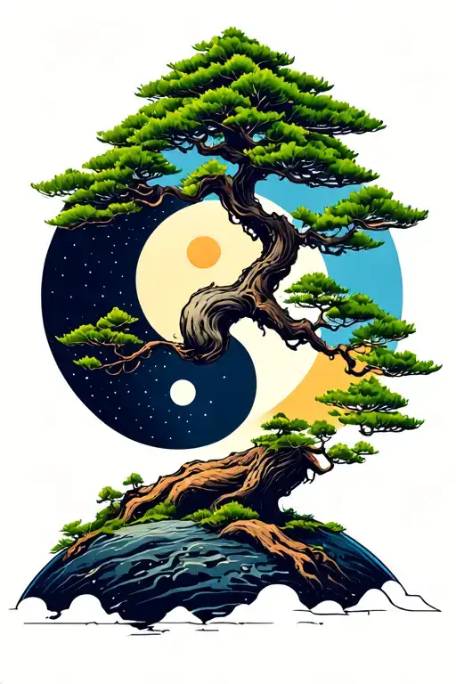 Bonsai Tree On A Planet With A Yin Yang Moon In The Back Ground