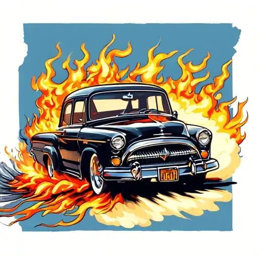 Old School Traditional Tattoo Of A Car With Flames Doing A Burnout