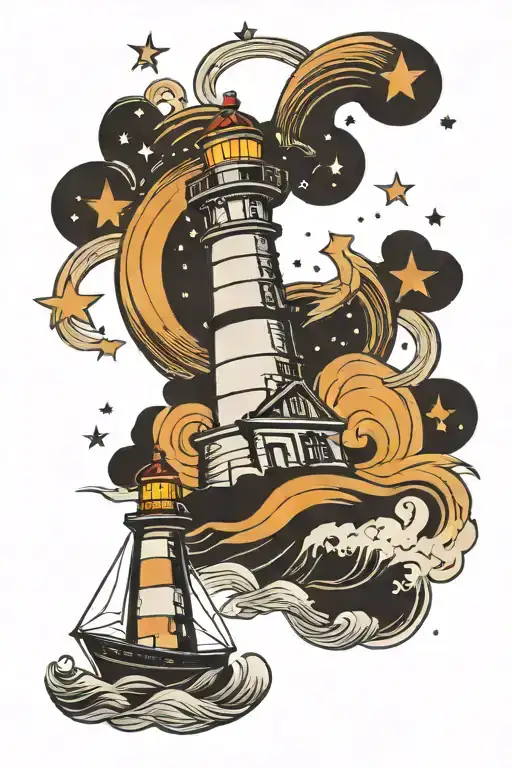 Stars In A Night Sky Above A Lighthouse And A Ship With Waves Below The Ship