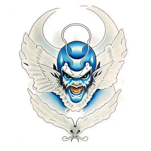 Butterfly With Electric Blue Eyes Japanese Demon Design On Its Wings