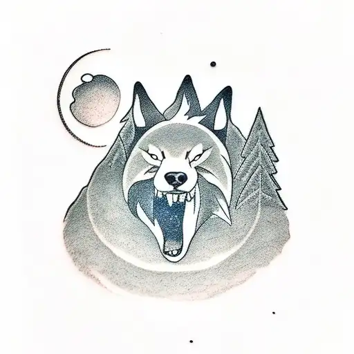 A Minimalist Tattoo Of A Wolf Howling At The Moon In A Serene Natural Landscape
