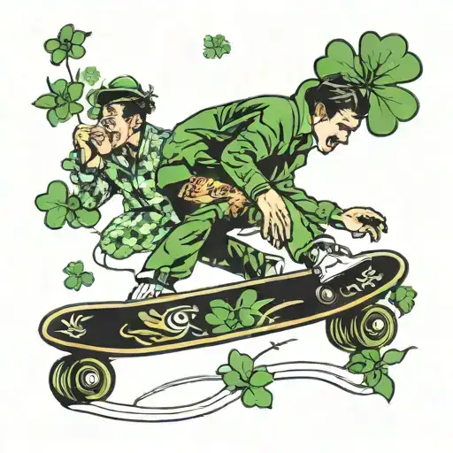 A Skateboarder Doing A Trick On A Skateboard Covered In Four Leaf Clovers