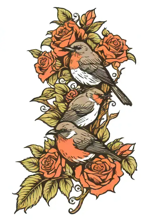 Roses And Robin Bird