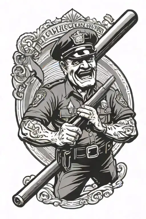 Angry Cop In Aa Symbol With Baseball Bat