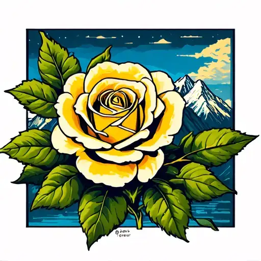 Mountains And Yellow Rose Memorial Tattoo Inspired