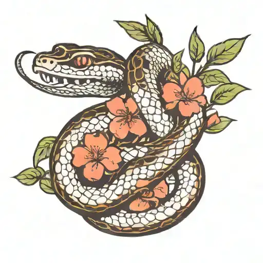 Snake Coiled Around Bamboo Climbing To A Cherry Blossom Branch